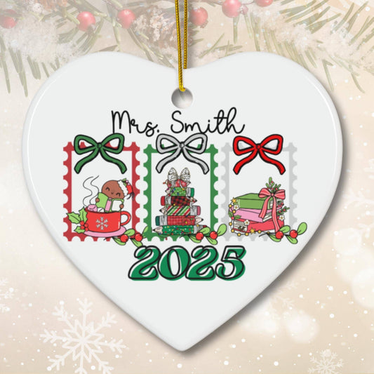 Personalized Christmas Teacher Holiday appreciation ceramic Heart Shape ornament memory keepsake